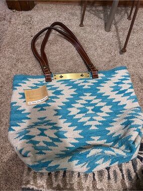 Woven Aztec Tote Bag with Brown Leather Handles - Blue/Cream